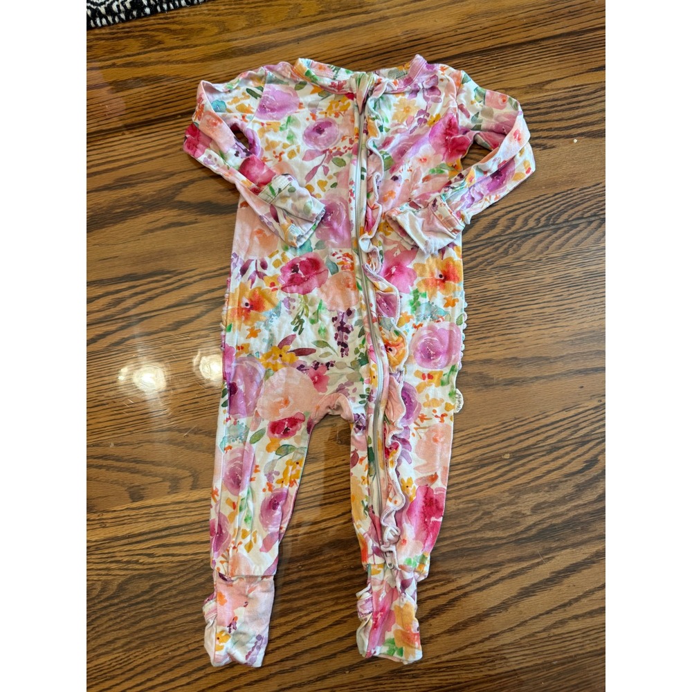 Gigi & Max Footie Kids 12M Pink Floral Ruffle Bamboo Viscose Sleeper